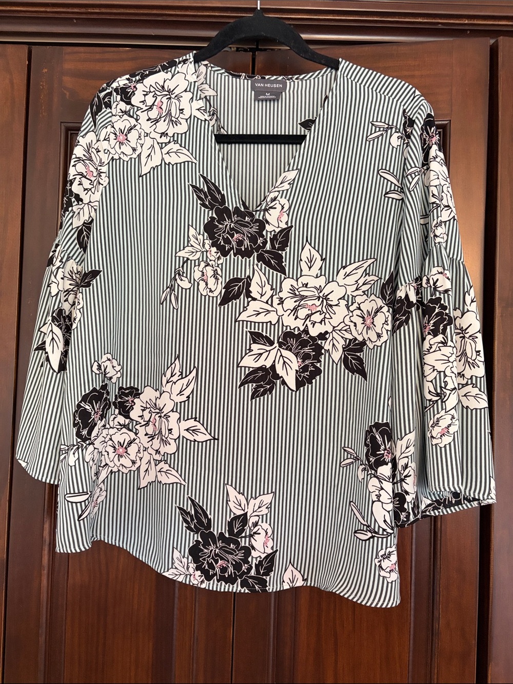 Van Heusen Black, White & Pink Floral Striped V-Neck Blouse